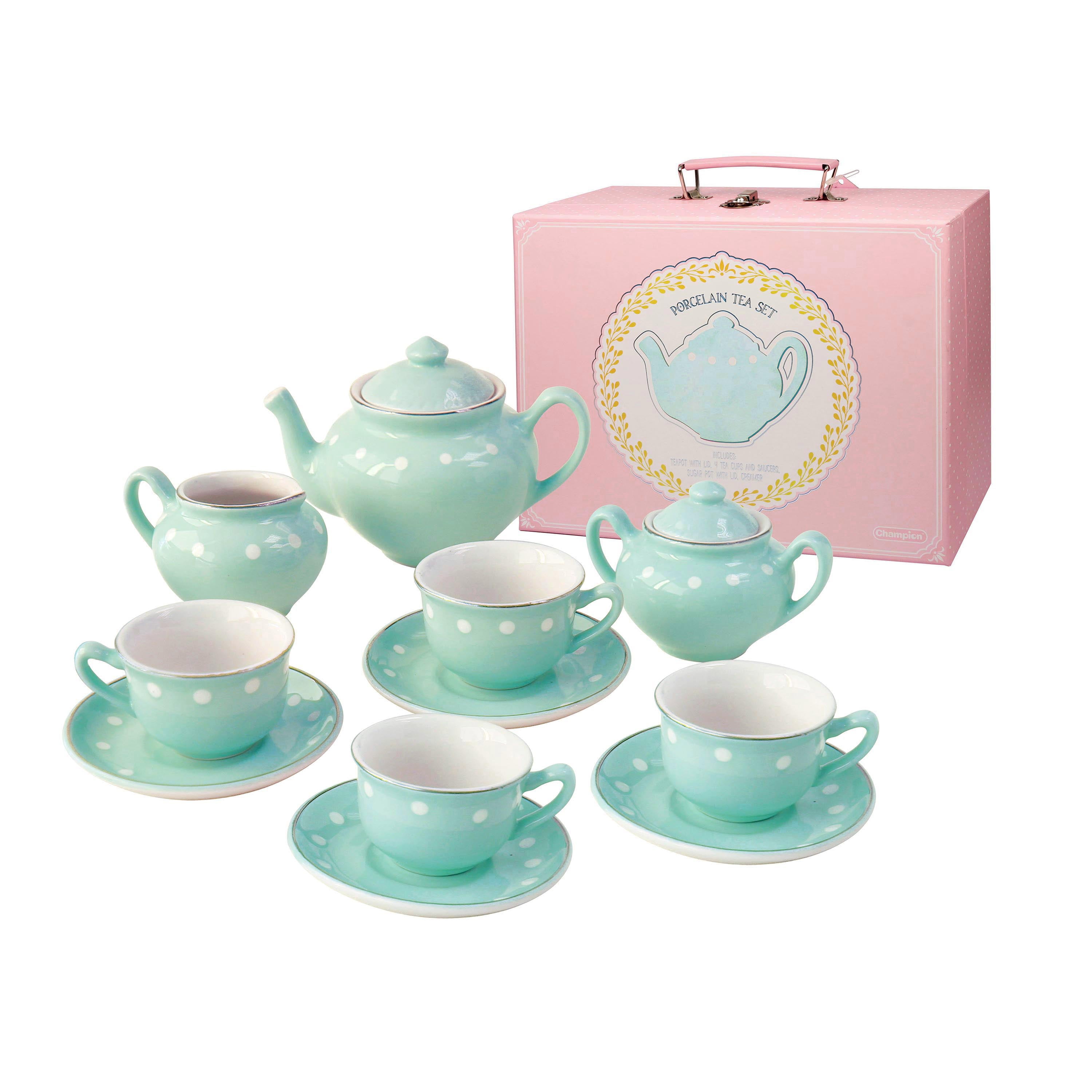 Kids Plastic Tea Set Carry Case Pretend Play Tea Pot Cups Saucers Bowl 15 Piece 