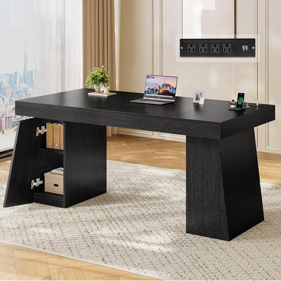 55.9" Executive Desk with Power Outlets, Modern Home Office Desk with Storage Cabinet, Computer Desk Conference Table, Black