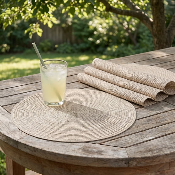Set of 6 Braided Round Placemats - 15 Inch Heat Resistant Woven Table Mats with Anti-Skid Backing for Dining Table, Beige