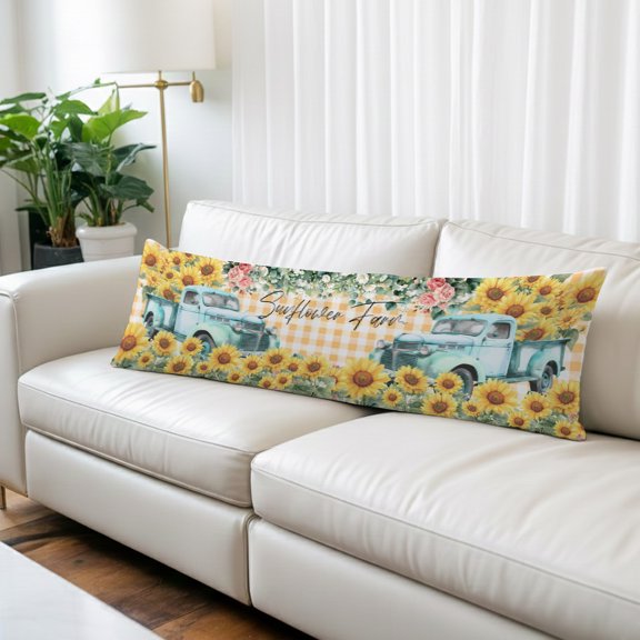 Sunflowers Trucks Long Body Pillow Cover 20x60 Inch, Spring Farmhouse Eucalyptus Orange Plaid Decorative Pillowcase with Zipper, Microfiber Pillow Protector, Soft Long Pillowcases for Women