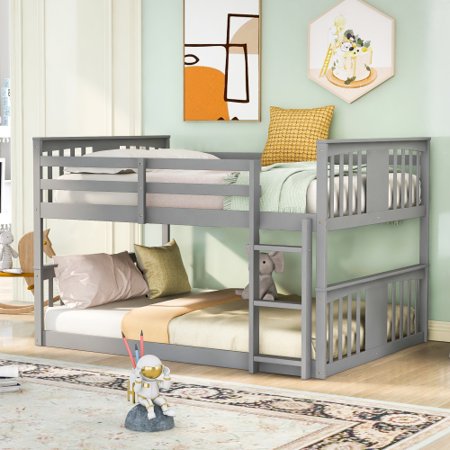 Full Over Full Bunk Bed with Ladder  Solid Wood Bedframe with High Length Guardrail  for Kids Teens Bedroom  Guest Room Furniture  Gray
