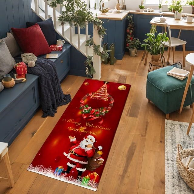 Christmas Antislip Floor Mat Layered Doormat 15.75X47.24In Red Polyester | Non-Slip Holiday Welcome Rug for Front Door Porch Entryway Patio Farmhouse Home Decor