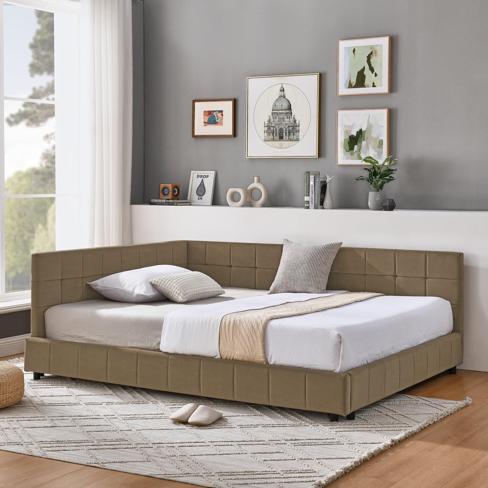 Full Size Upholstered Tufted Bed Frame, Sofa Bed Frame with Comfortable Backrest and Armrests, Full Size Bed for Bedroom, Living Room,Velvet