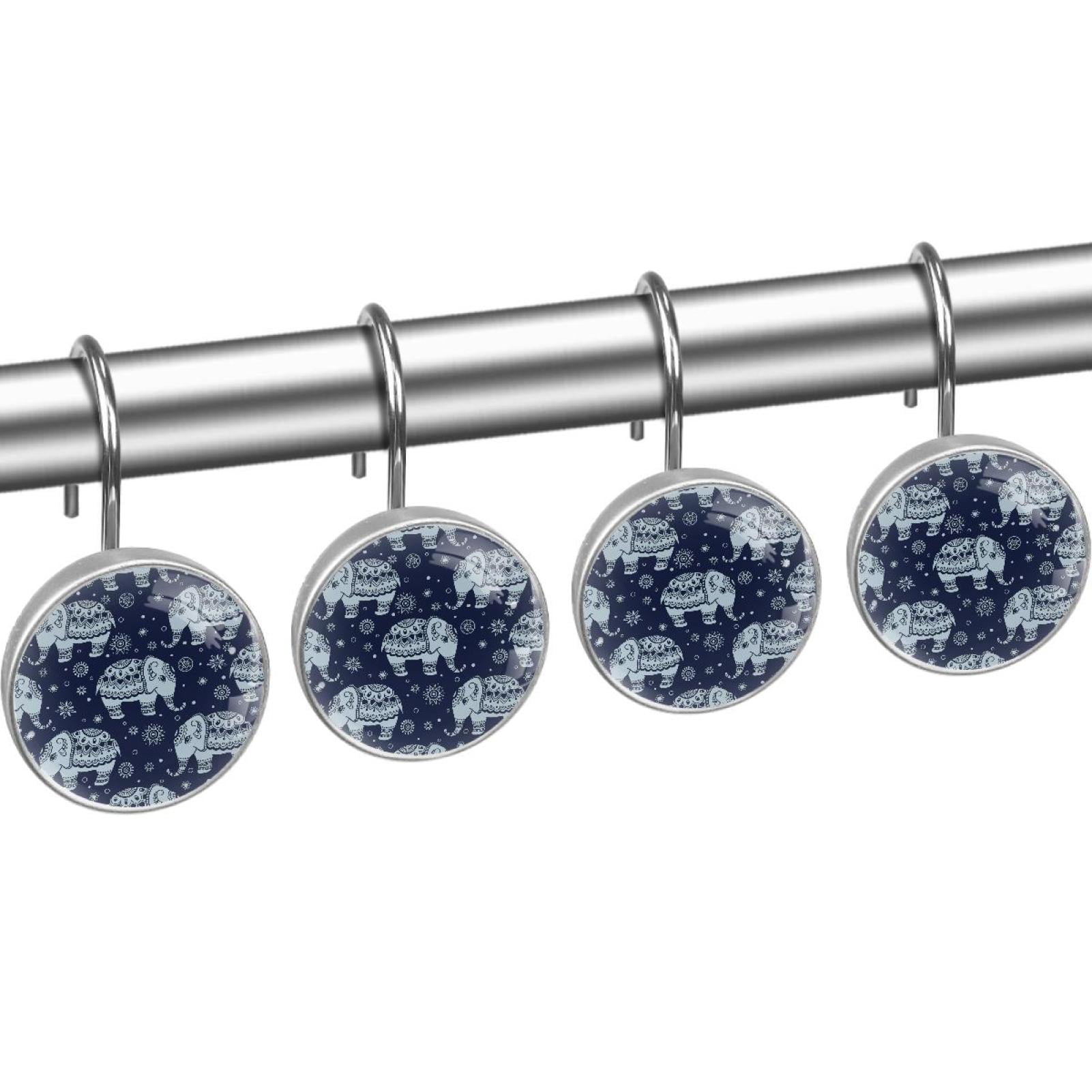 Elephant Shower Curtain Hooks（Set of 12）for Home Hotel Shower Rods Bathroom Crystal Glass Print Stainless Steel Round Curtain Hooks