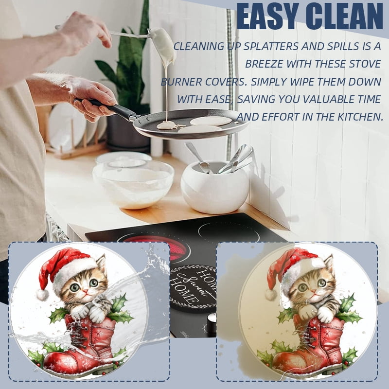 Christmas Stove Burner Covers for Electric Stove, Red Christmas Cute Cat on Boot Print Decorative Round Mental Electric Range Burner Covers Set of 4 for Kitchen, 8 Inches and 10 Inches