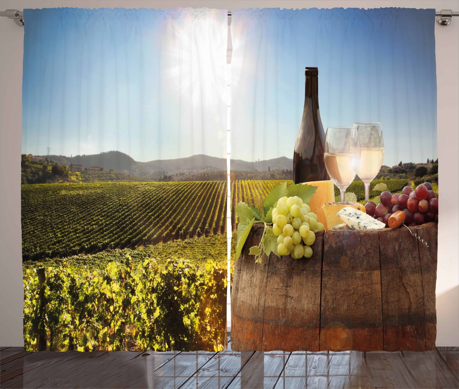 Wine Curtains 2 Panels Set, White Wine with Barrel on Famous Vineyard
