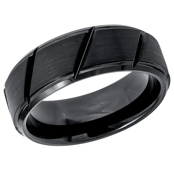 Men's Women's Tungsten Wedding Band Engagement Ring 8mm Black IP Plated Multiple Diagonal Grooves Brushed Center