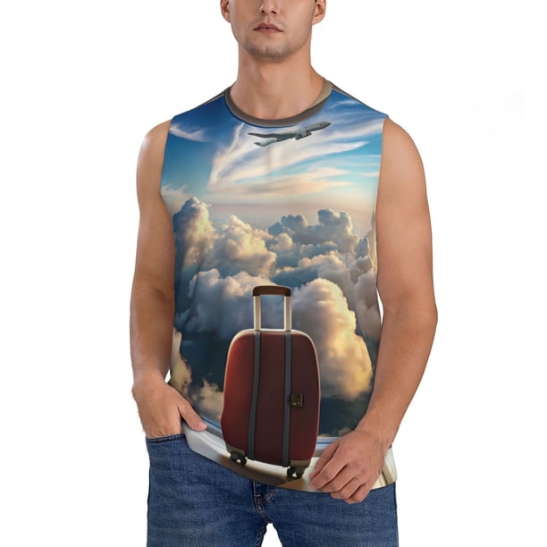 Fotbe Sunset Airplane Travel View Men's Camiseta sin Mangas Estampada para Hombres, Playera Casual para Gimnasio, Entrenamiento, Playa-Small