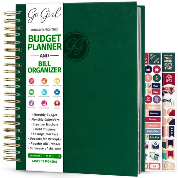 GoGirl Planificateur Budget & Organiseur de Factures Mensuel Livre Financier Mensuel avec Poches. Carnet de Suivi des Dépenses, Grand (Vert Foncé)