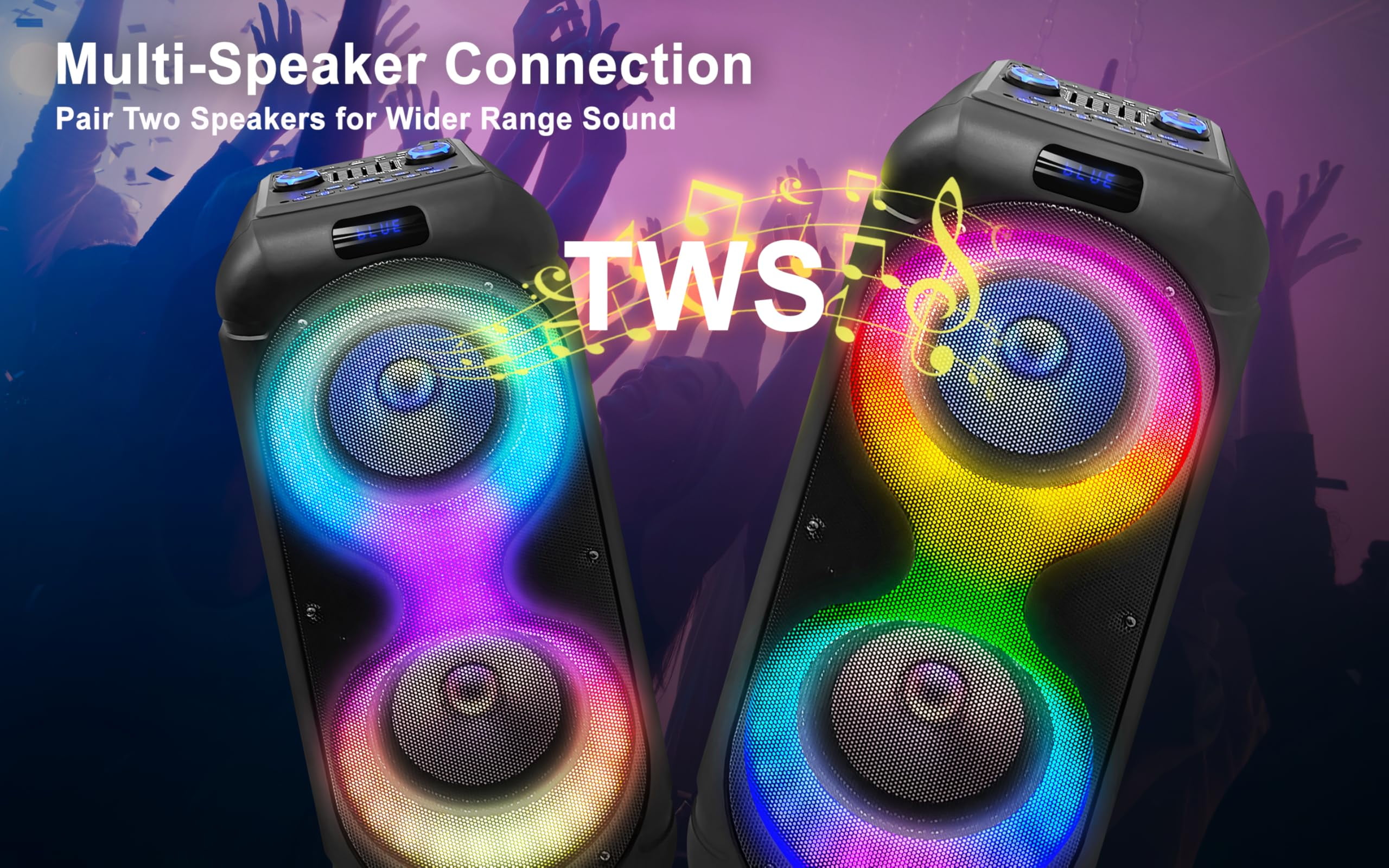 Fisher Portable Bluetooth Wireless Speaker System: Dual 8" Subwoofer 80W Peak Power|Loud HD Deep Bass Sound & LED Lights, Rechargeable Karaoke, TWS Pairing, USB Port, TF, AUX, FM Radio & Handle Bar