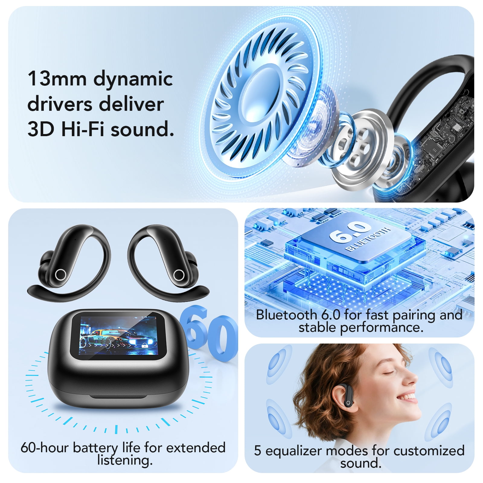 HTC NE61 Heart Rate Earbuds Wireless Open Ear Earbuds with Touch Screen AI Translation Headphones Noise-Cancelling Earphones