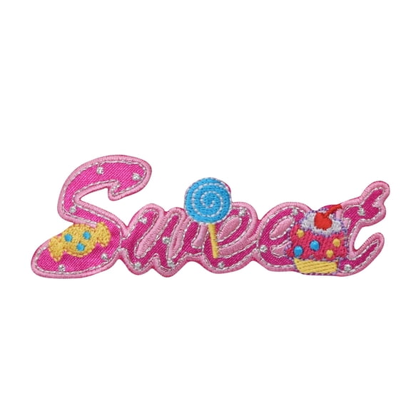 Sweet Embroidered Iron-On Patch – 1.25 x 3.5 Inch Pink Candy Script Applique for Jackets, Backpacks, Hats & DIY Craft Projects
