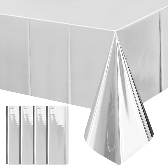 4 pcs Silver Plastic Tablecloth for Parties 54*72inch Shiny Disco Table Cloths White Table Cover for Wedding Christmas Winter Birthday Party Decoration Anniversary Event Dinner Grad Party Supplies