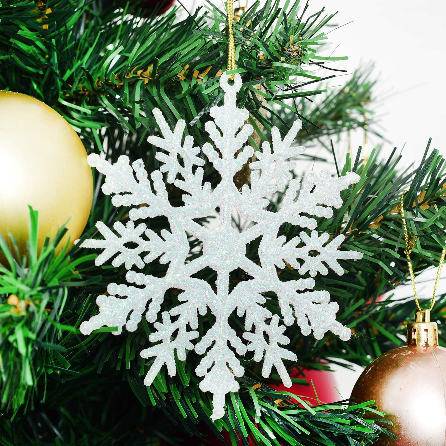 Yirtree 6pcs White Snowflakes Ornaments 4” Big Plastic Glitter