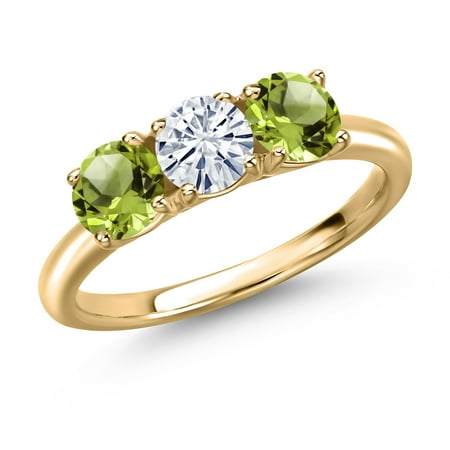Gem Stone King 10K Yellow Gold White Moissanite and Green Peridot Engagement Ring for Women | 1.60 Cttw | Round 5MM | Gemstone Birthstone | Size 6
