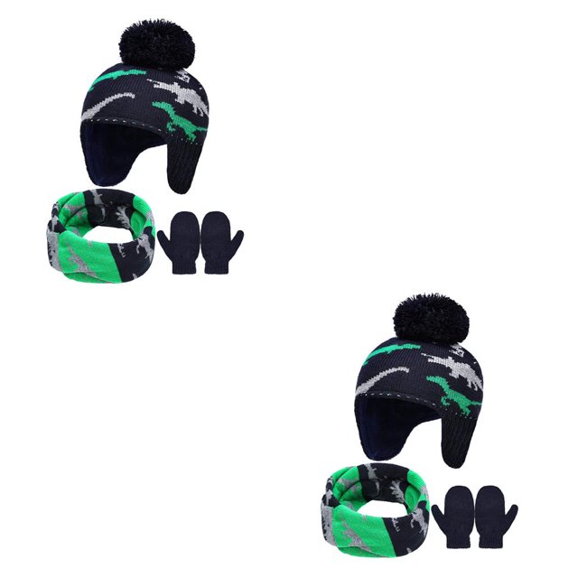 Kit de Sombrero Bufanda Manoplas Qarigey para Niños Animal Lindo Verde Gris L 4-5 años 2piezas