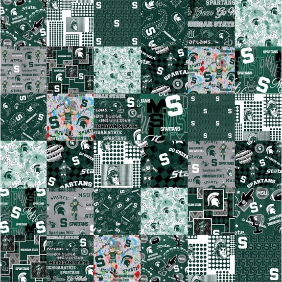 Official Licensed Michigan State University Cheater Quilt Printed Cotton Fabric-Michigan State Spartans Cotton Fabric with Patchwork Cheater Quilt Print-60" Width (mist1363)