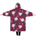 thumbnail image 2 of Oversized Wearable Blanket Hoodie,Red Baseballs with Blue Flowers Pattern Sherpa Blanket Hoodie with Super Pockets,Super Warm Fuzzy Pullover for Women & Men, 2 of 6