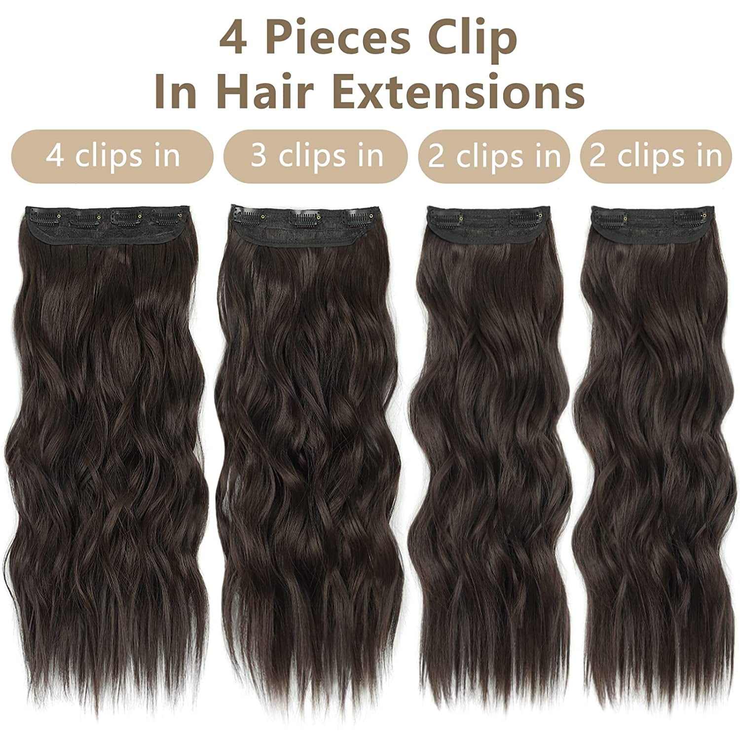 Clip in Long Wavy Synthetic Hair Extension 24 Inch Dark Brown 4PCS Thick Hairpieces Fiber Double Weft Hair for Women