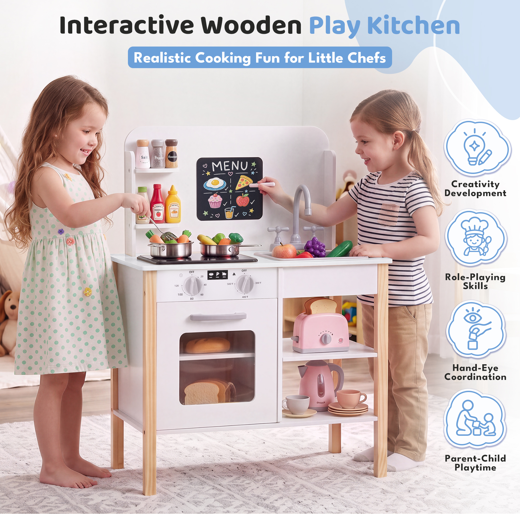 Yexmas Wooden Play Kitchen with Chalkboard and Accessories photo 3
