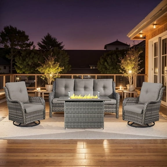 Gymojoy 4 Piece Outdoor Patio Furniture with a 3 Seat Sofa,Rattan Wicker Coversation Set with Swivel Rocking Chair,Balcony Sofa Set with Propane Fire Pit Table for Outside Porch Backyard Pool,Grey