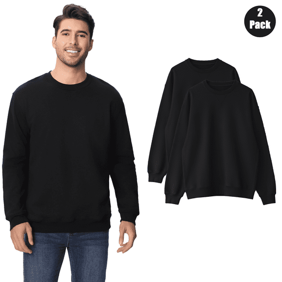 Zfeel Men's Long Sleeve Crewneck Sweatshirt, Moisture-Wicking Pullover Fleece, Black, 2-Pack, S
