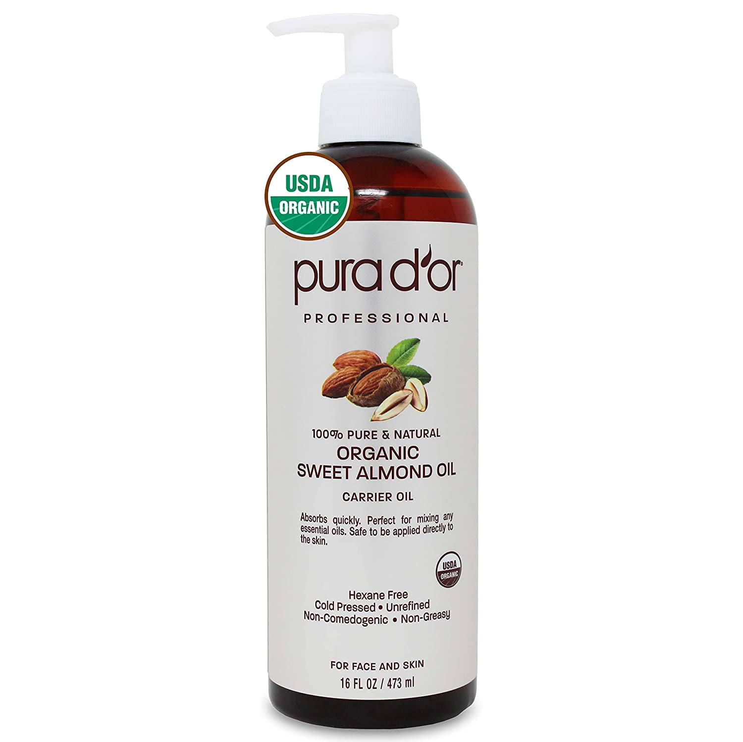 PURA D'OR Organic Sweet Almond Oil (16oz) Certified Organic 100 Pure