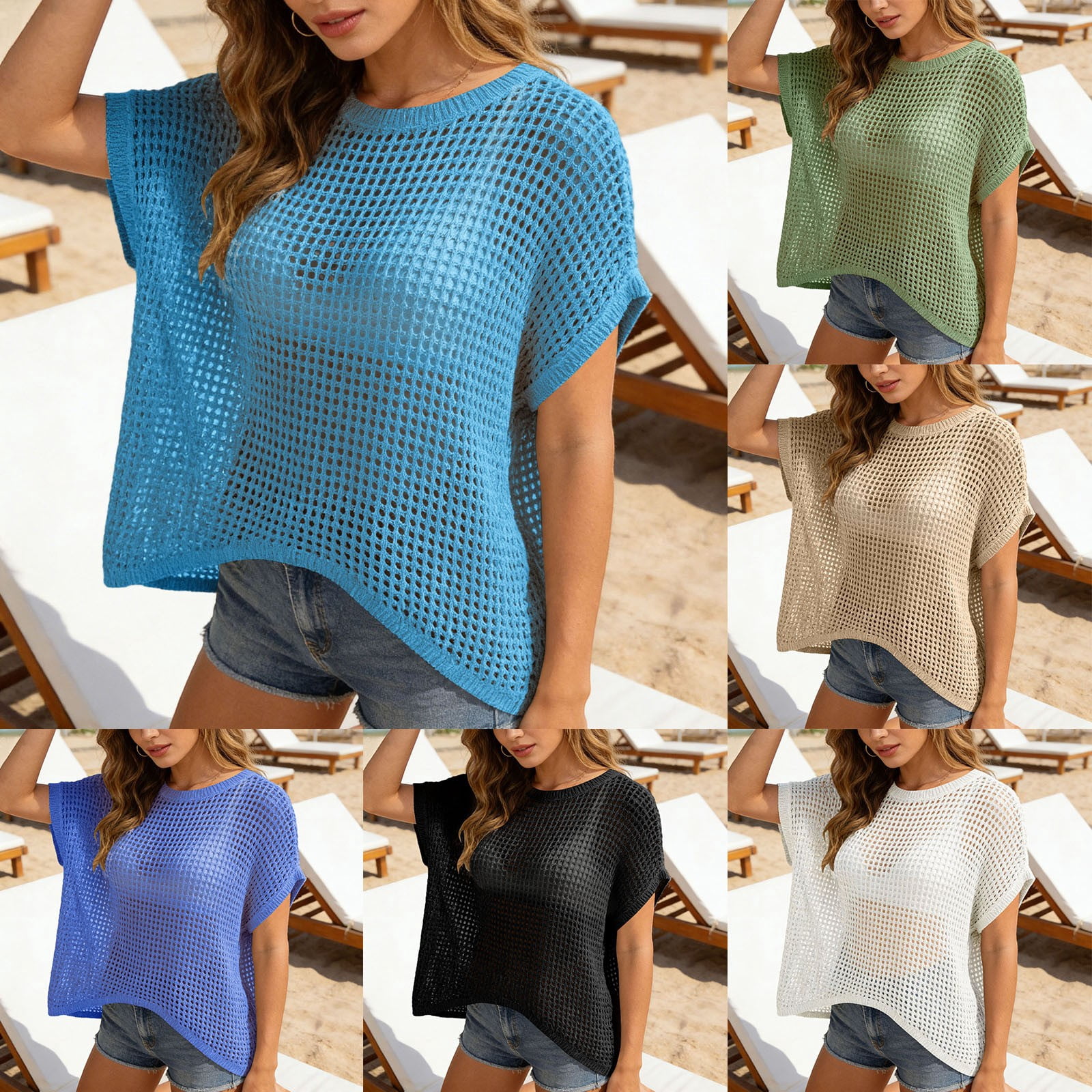 Womens Summer Scoop Neck Short Sleeve Sweater Knitwear Casual Crochet Hollow Out Knit Tops Pullover Shirts Beach Cover Up Boho Solid Color