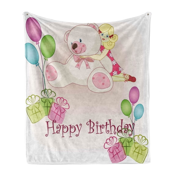 Birthday Party Soft Flannel Fleece Blanket, Baby Girl Birthday with Teddy Bears Toys Balloons Surprise Boxes Dolls Image, Cozy Plush for Indoor and Outdoor Use, 60" x 80", Pale Pink, by Ambesonne
