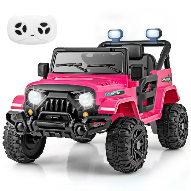 Gymax 12V Kids Ride on Truck Car w/Remote Control Threaded Wheels 3 Speeds LED Lights Pink