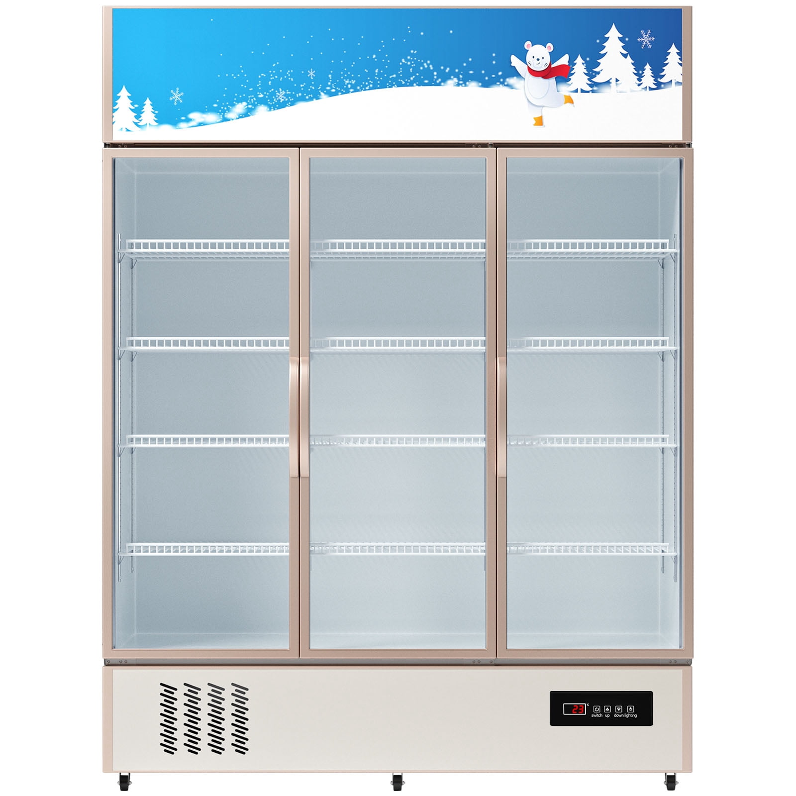VEVOR Commercial Merchandiser Refrigerator, Triple Glass Doors, 31.6 Cubic Ft, Upright Display Beverage Cooler, 79"" Tall x 60"" Width, Fridge with LED Lighting for Drink Wine Soda, Gold