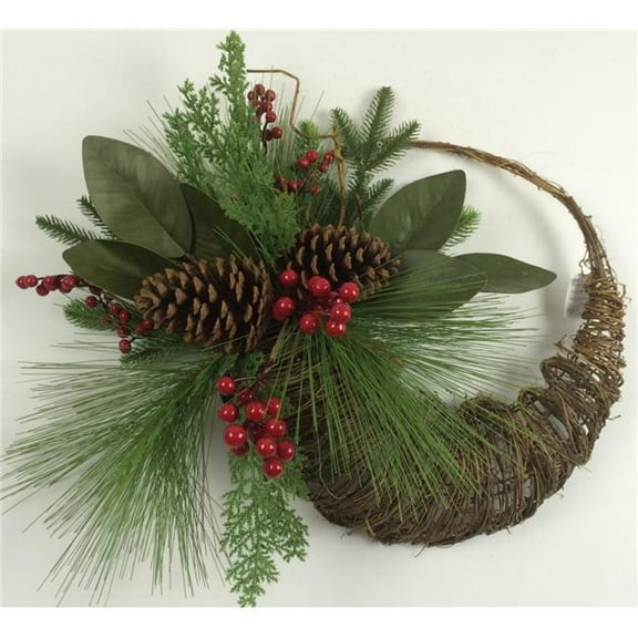 Horn of Plenty with Greens Pine Cones & Berries Wreath