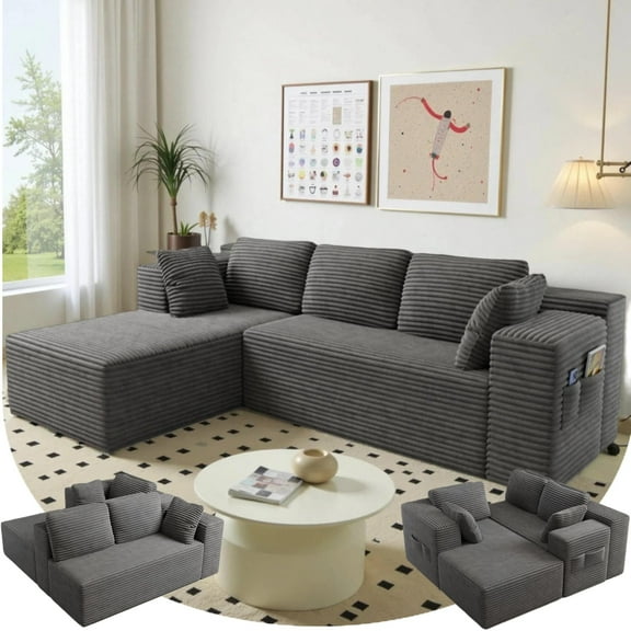 Sofa, 105" Cloud Sectional for Living Room with  Soft Modular Couch for Bedroom,  No Assembly Required L-Shape Sofa, Dark Gray, No Assembly Required, Dark Gray