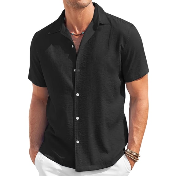 Men's Short Sleeve Button Down Shirt Fashion Casual Collar Solid Color Lightweight Breathable Summer Top with Pocket Daily Work Beach Black L