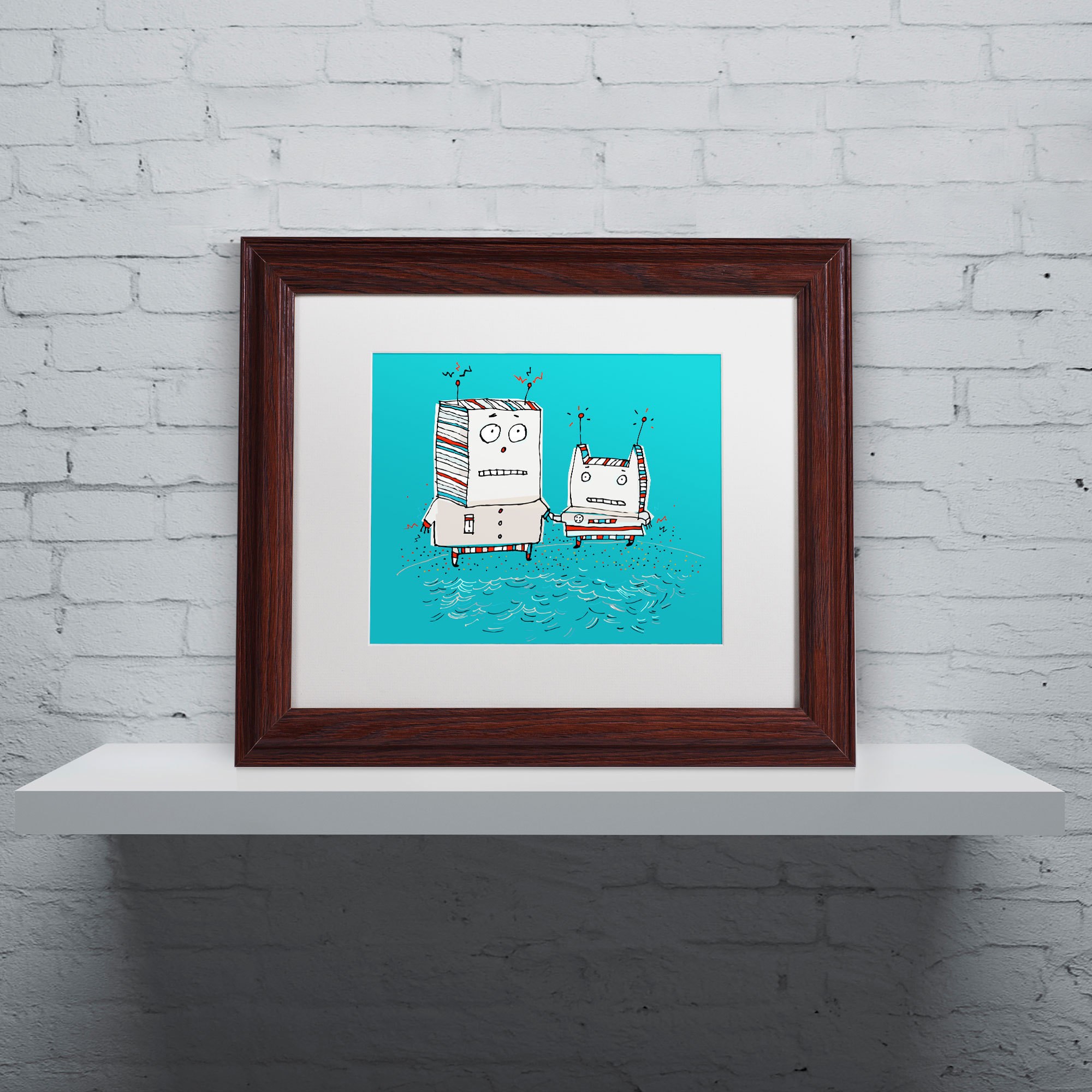 Trademark Fine Art "Robots on Beach" Canvas Art by Carla Martell, White Matte, Wood Frame