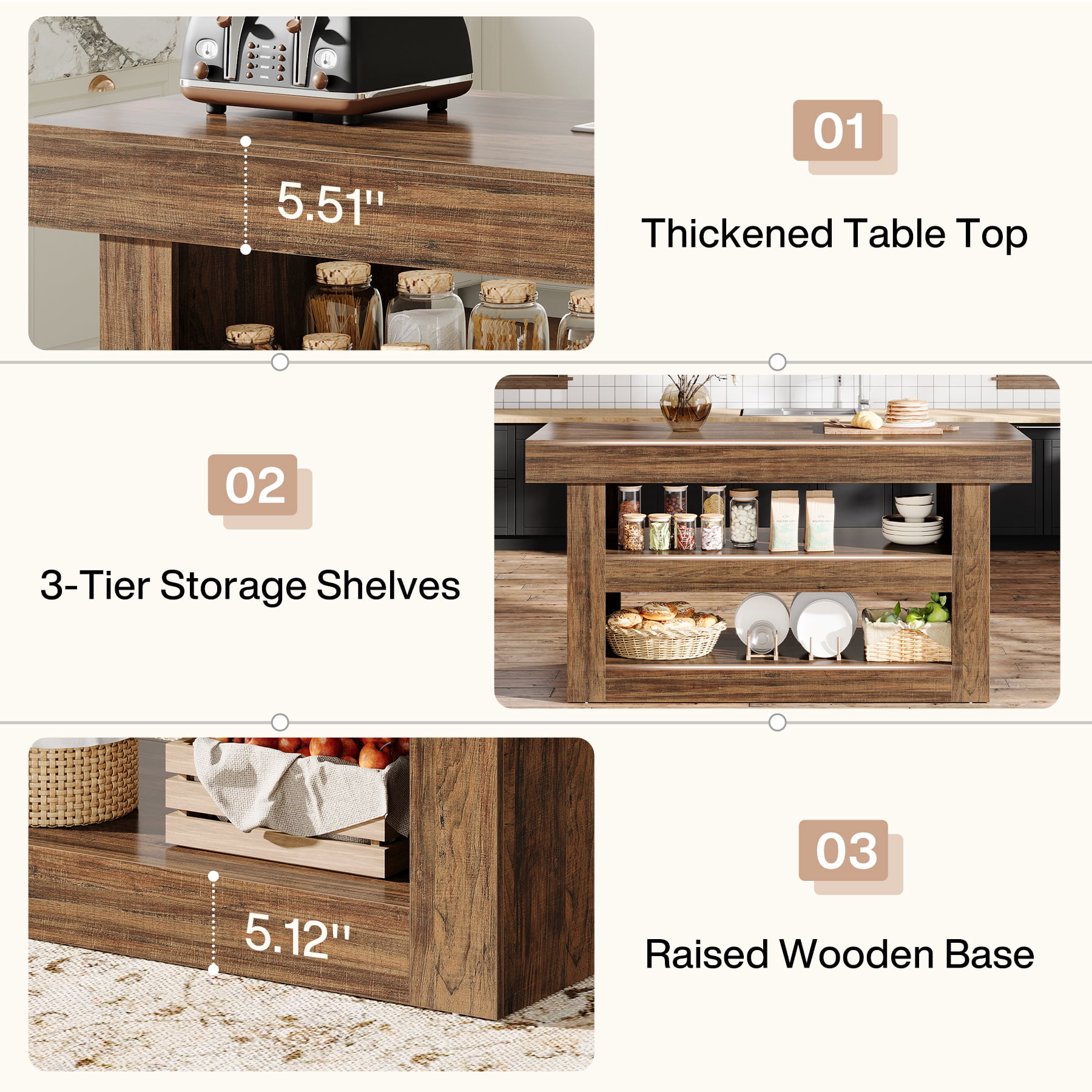 Fnova 55" 3-Tier Kitchen Island with Storage, Farmhouse Island Table with Large Countertop, Wooden Bar Table Storage for Kitchen, Dining Room, Brown