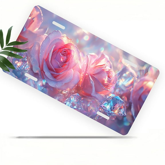 License Plate, Sparkling Roses and Diamonds Decorative Front,Personalized Stainless Steel License Plate Cover For Men Women,12.2" X 6.2"
