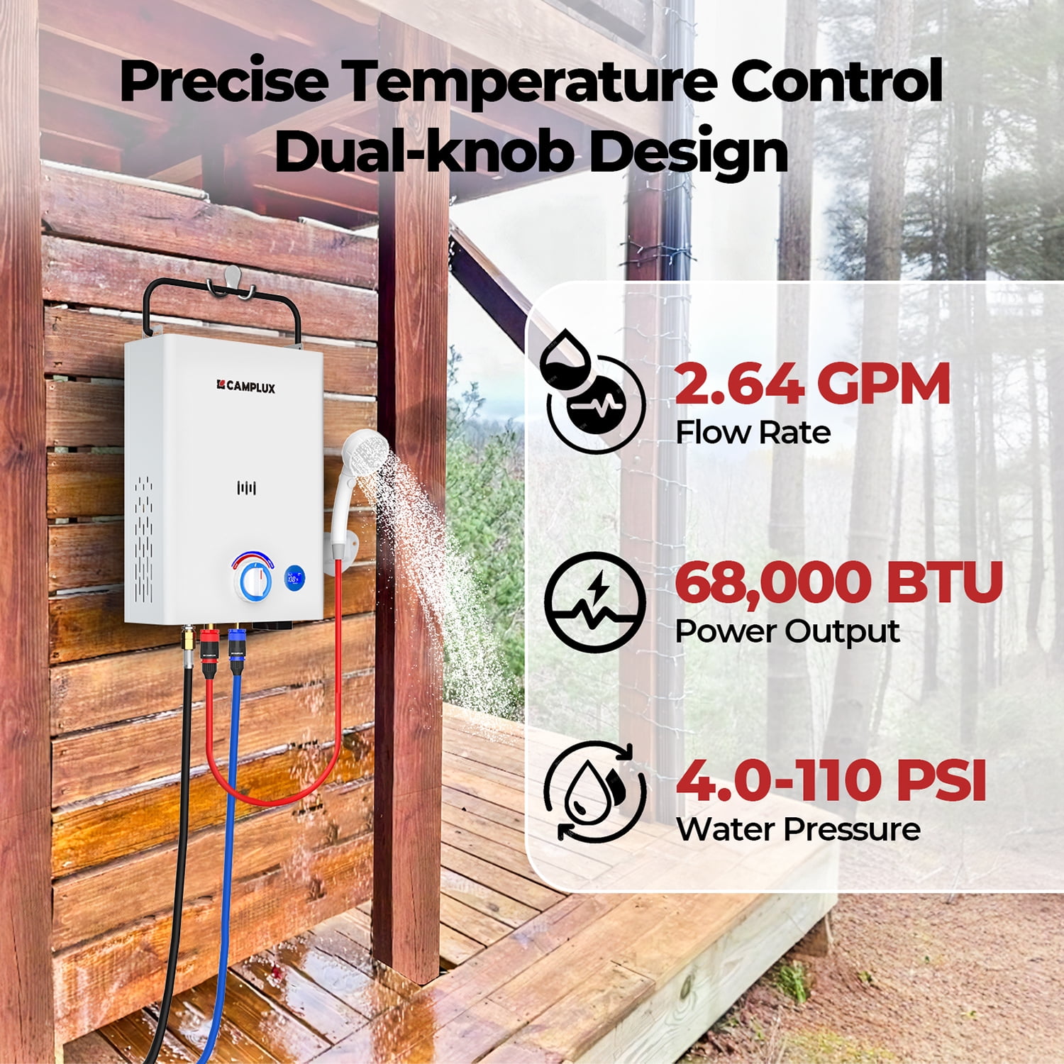 CAMPLUX First F10 Pro 2.64GPM 68,000 BTU Portable Outdoor Propane Tankless Water Heater with Water Pump Set for Camping
