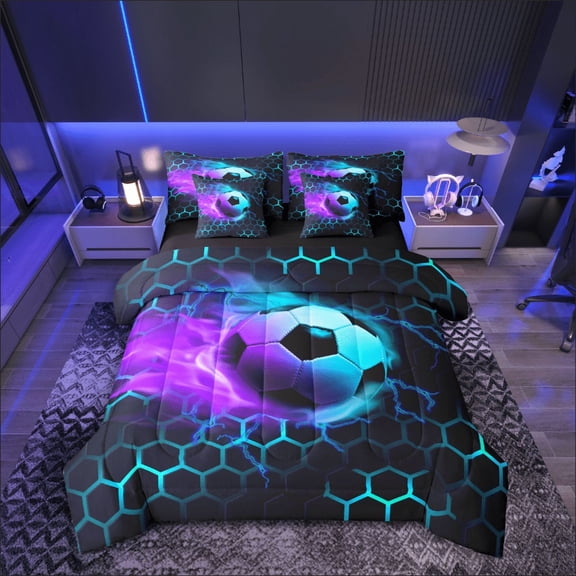 Castle Fairy Boys Soccer 7-Piece Twin Bedding Sets,Geometric Honeycomb Bedding Comforter Set,Abstract Lightning Breathable Sheet Sets,Microfiber Sport Theme Bedroom Decor,Reversible