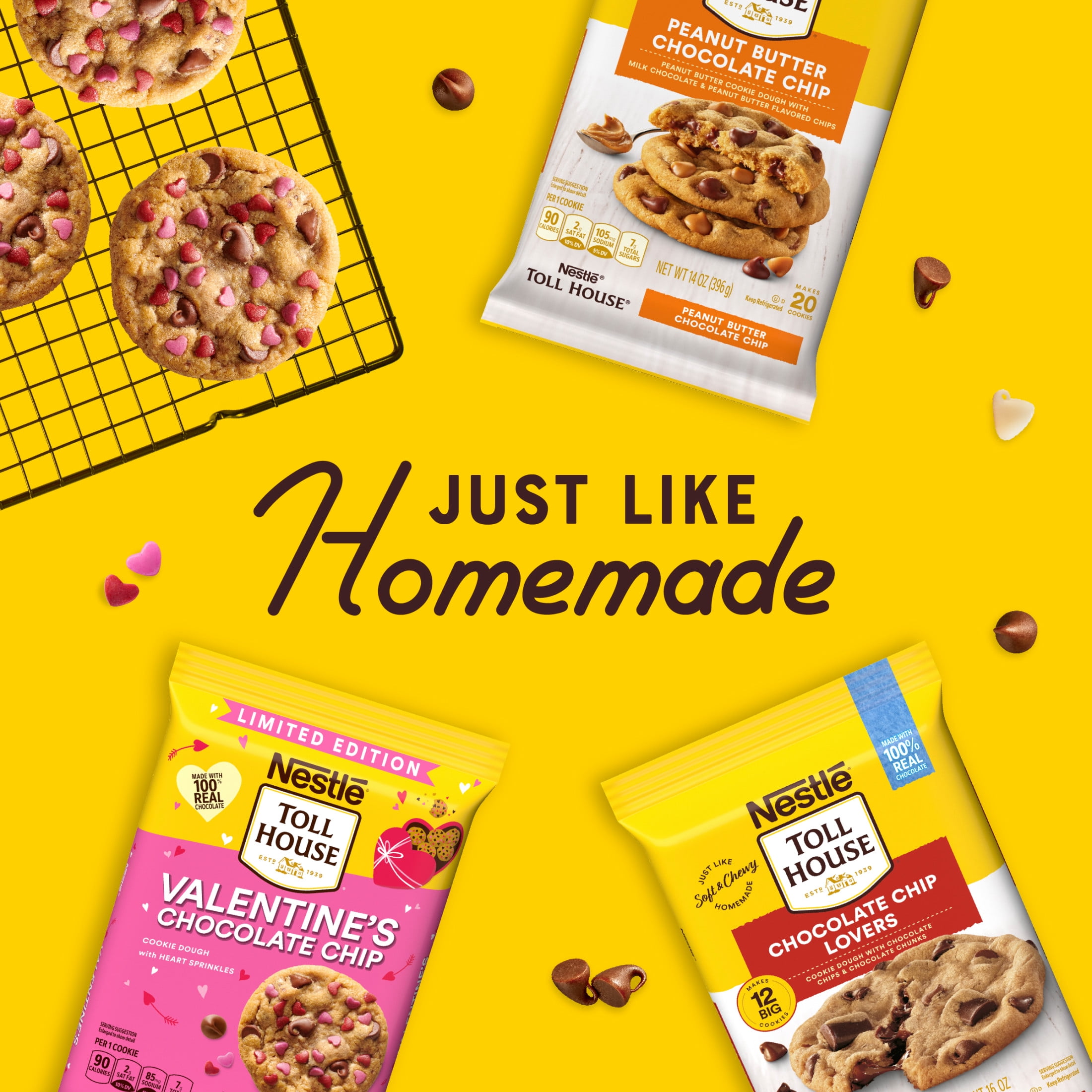 Nestle Toll House Ready to Bake Chocolate Chip Cookie Dough with Heart Sprinkles for Valentines Cookies, 14 oz