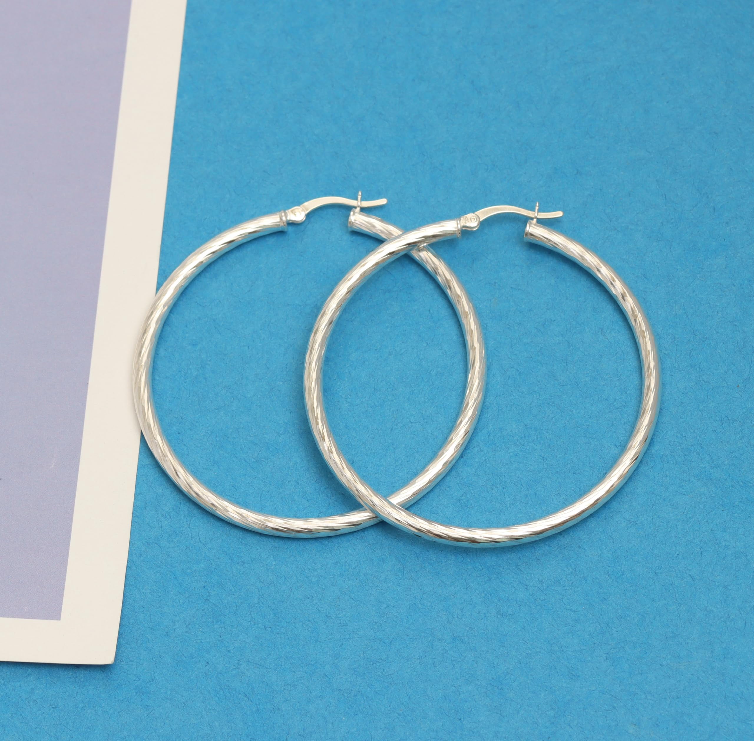 LeCalla 925 Sterling Silver LARGE Hoop Earrings for Women Hypoallergenic Diamond Cut Earring Hoops for Women 50MM
