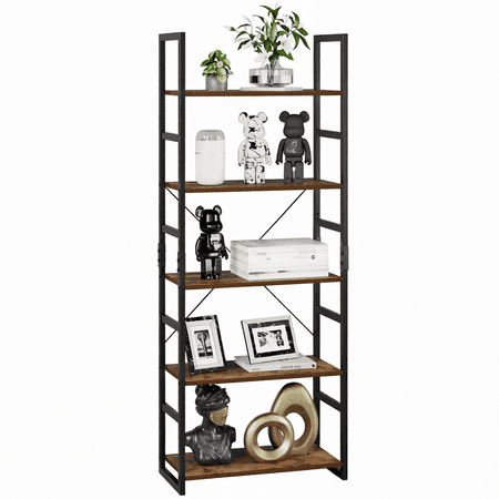 5 Tier Industrial Bookshelf Modern Storage Shelf Organizer Wood Look Bookcase Metal Frame Shelving Unit for Bedroom Living Room Home Office Vintage