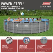 Coleman Power Steel 22’x52” Metal Frame Above Ground Pool w/ Pump, Ladder, Cover, Gray