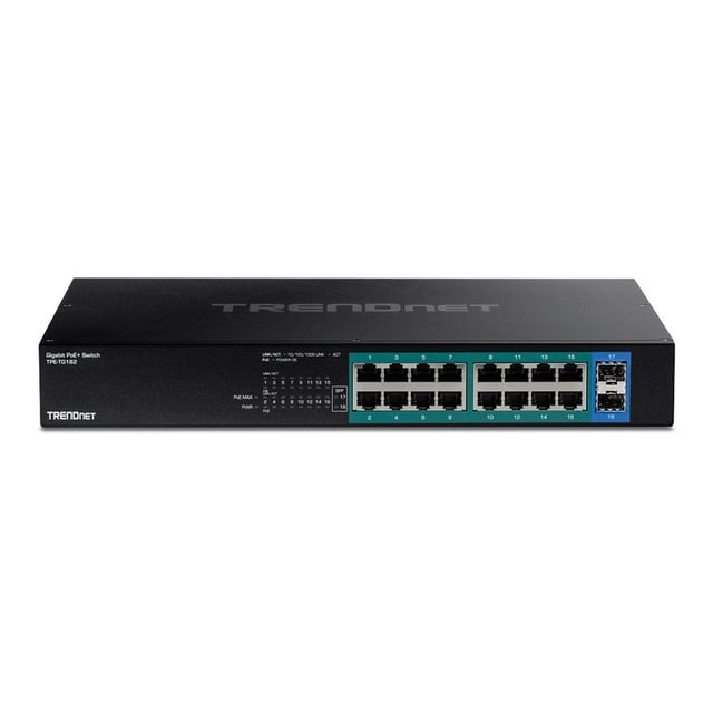 TRENDnet Commutateur PoE+ Gigabit 18 Ports, 16 x 30W Ports PoE+, 2 Emplacements SFP Gigabit, Budget PoE 240W, Capacité de Commutation 36Gbps, Montable en Rack 1U 19”, Protection à Vie, Noir, TPE-TG182