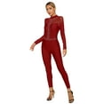 thumbnail image 2 of Rswnyirn Womens Shiny Rhinestone Gymnastics Leotard Long Sleeve Sheer Mesh Figure Skating Jumpsuit Burgundy M, 2 of 7