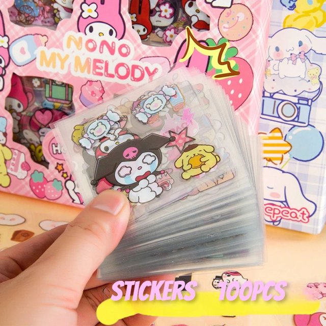 Sanrio-pegatinas bonitas de piezas, calcomanías de Kuromi Melody Cinnamoroll para cuenta de mano de mascotas, juego de pegatinas de papelería para taza y cuaderno, regalos, 100