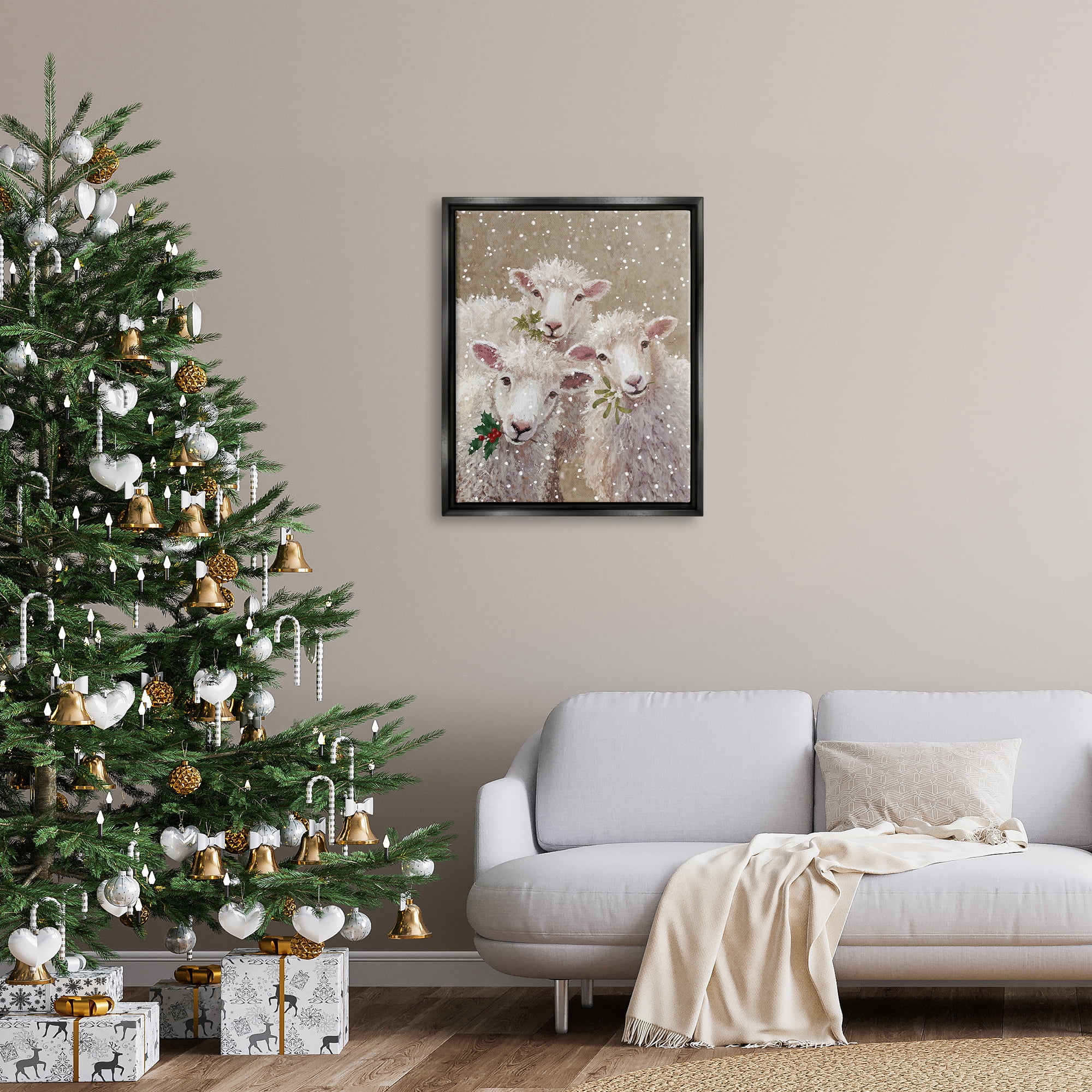 Stupell Industries Winter Sheep Trio Farm Animals Holiday Painting Black Floater Framed Art Print Wall Art