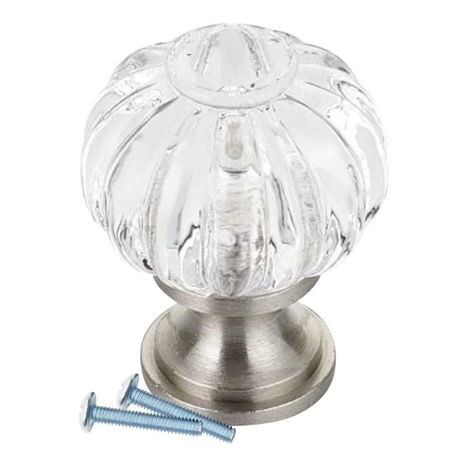 5 Pack Crystal Clear Acrylic Pumpkin Style, Brushed Nickel Cabinet Hardware Knob, 1-3/32 Inch Diameter