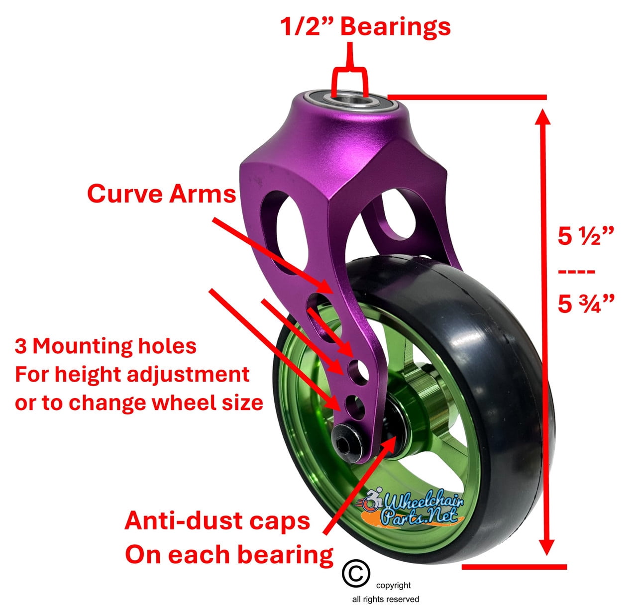 Purple Aluminum Caster Fork Assembly With 4x1.40 Soft Roll Wheels in Green Color