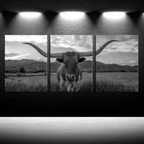 Hieng Farm Animals Art Prints Black and White Highland Cattle with Long Horns Picture Printed on Canvas Painting for Home Decor Modern Living Room (only canvas)